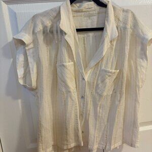 MOTHER Button Down short sleeve with front pockets, white with gold stripes XL